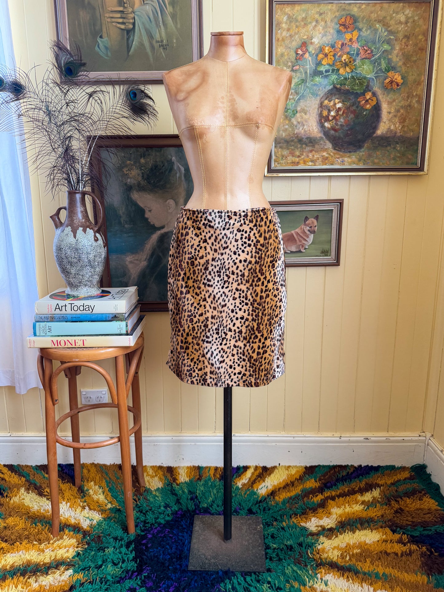 VINTAGE 1990S PAISLEY PARK LEOPARD FAUX FUR LEOPARD FITTED SKIRT M