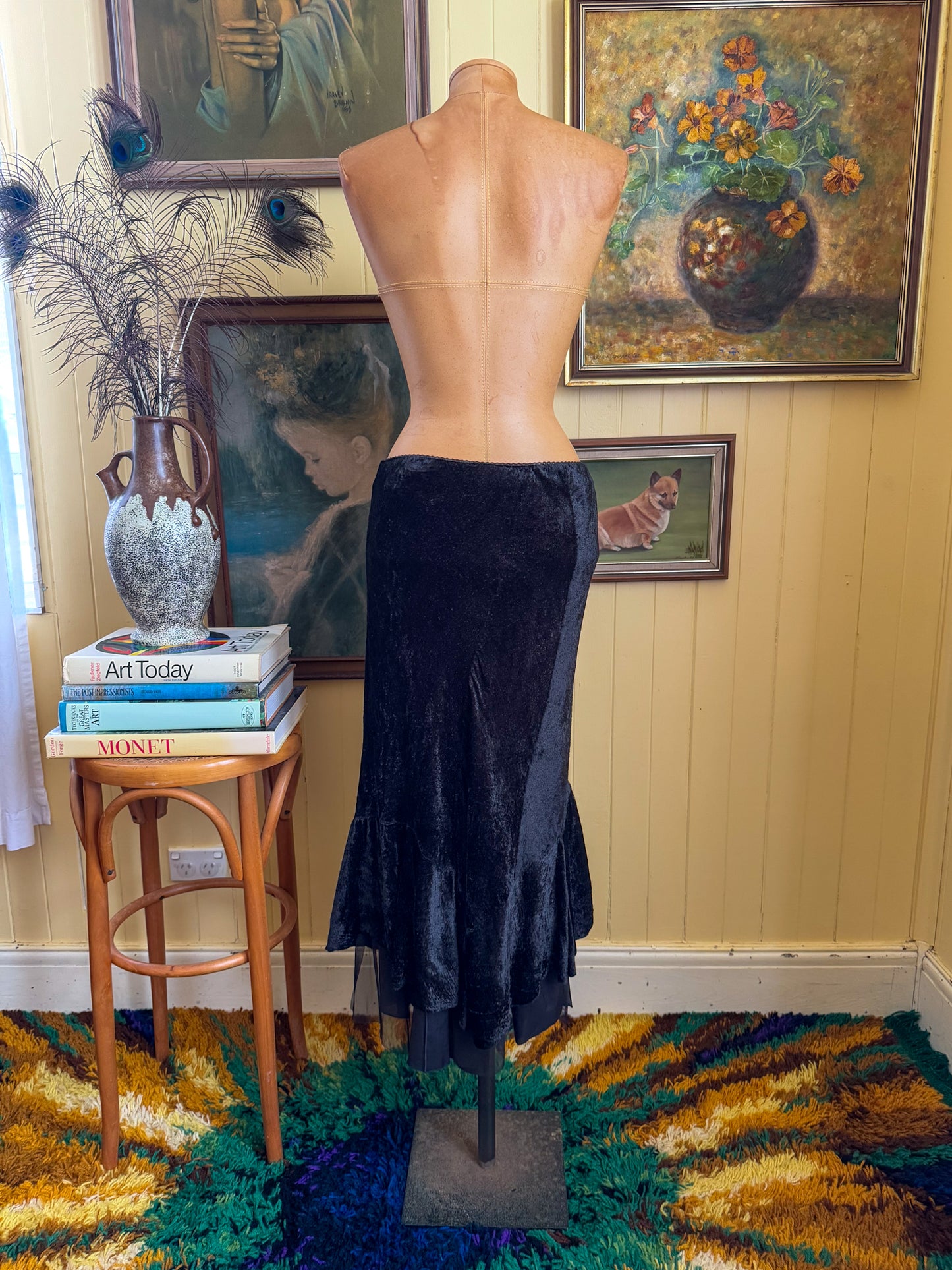 VINTAGE 1990S PEACE ANGEL INDIAN COTTON VELVET HANKY HEM MIDI SKIRT M