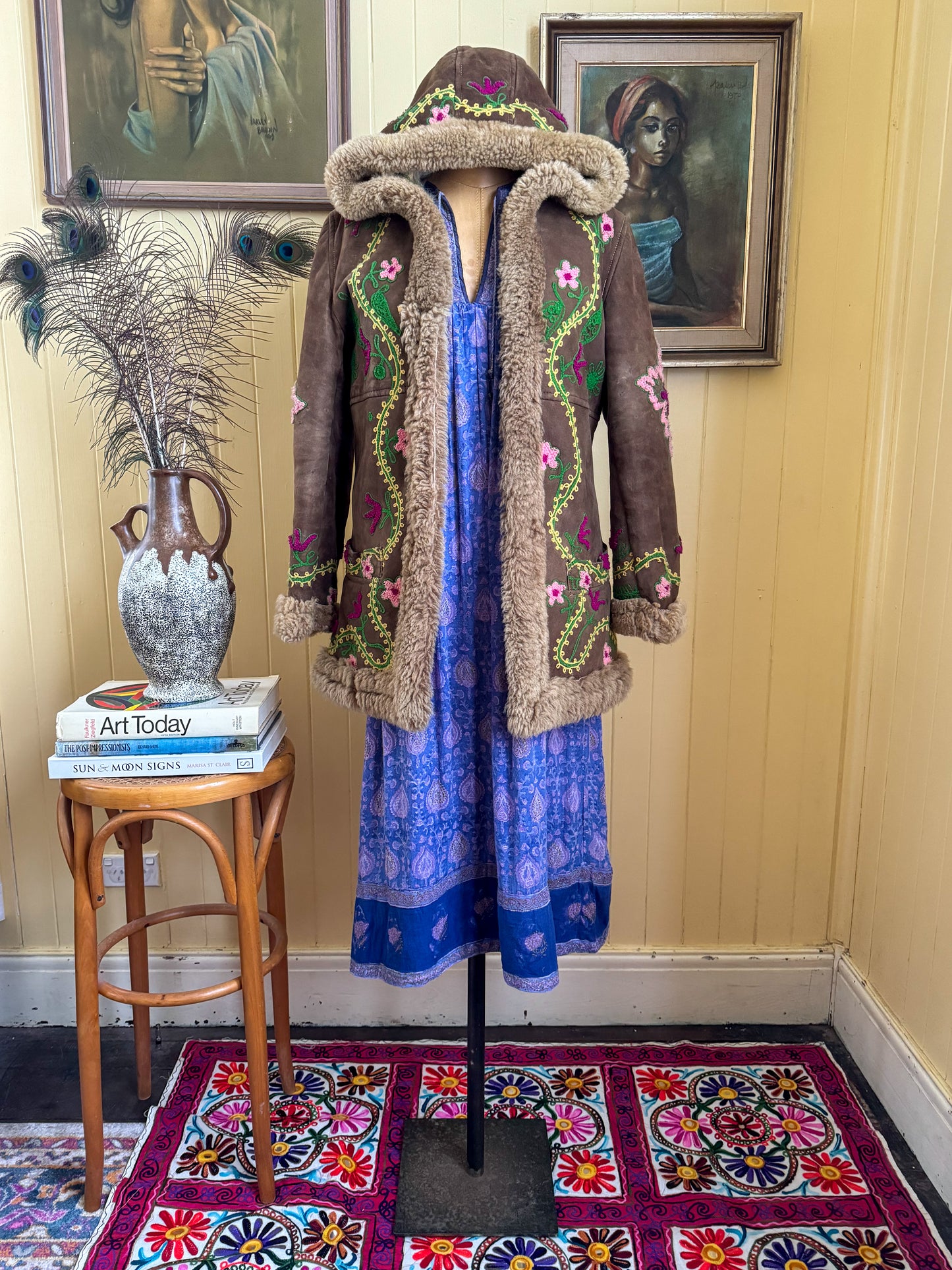 VINTAGE 1960S RARE YAQUB TURKISH SUEDE LEATHER SHEEPSKIN PENNY LANE EMBROIDERED COAT XS/S