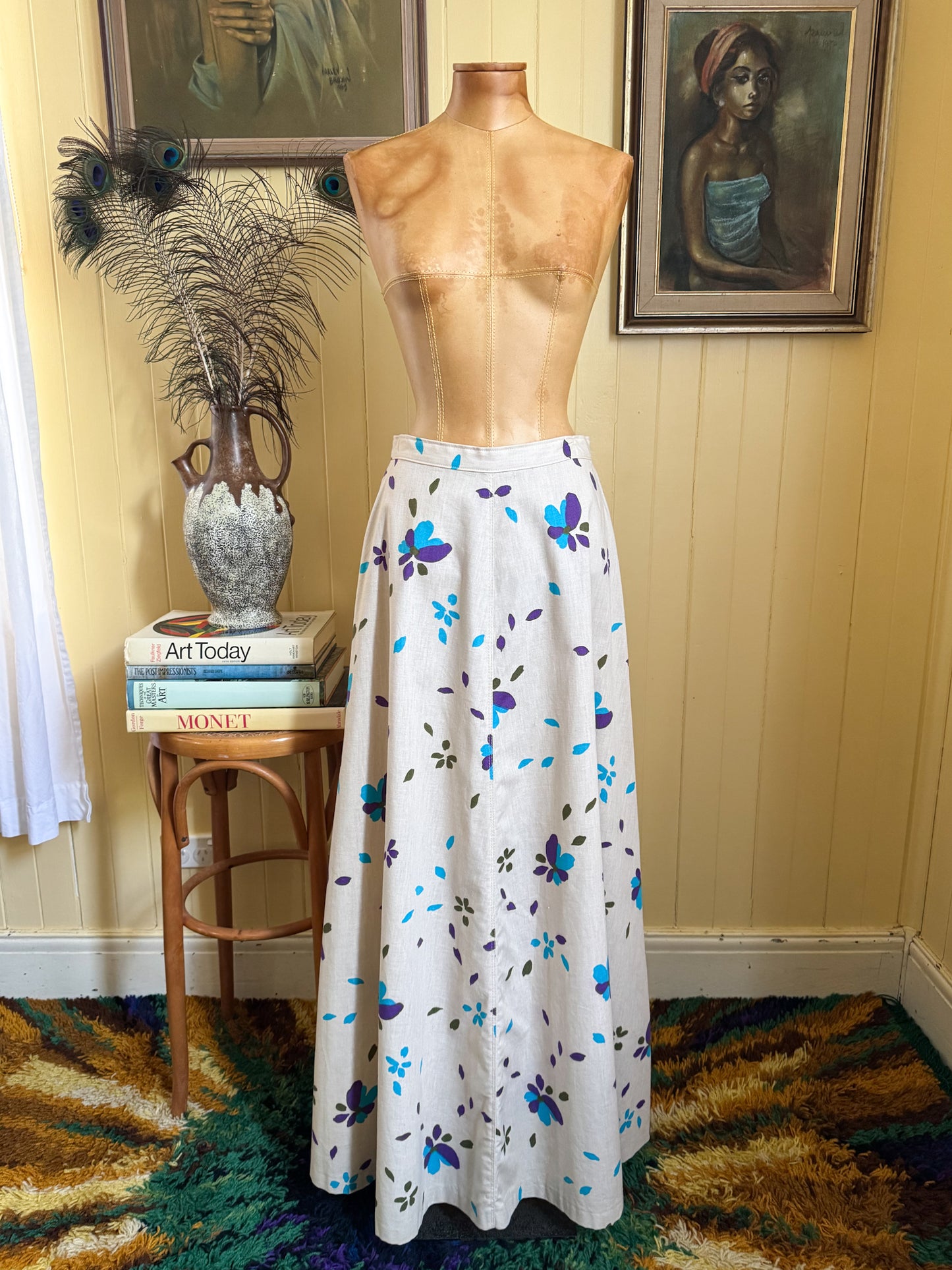 VINTAGE 1970S FINNISH COTTON ABSTRACT FLORAL PRINT MAXI SKIRT S