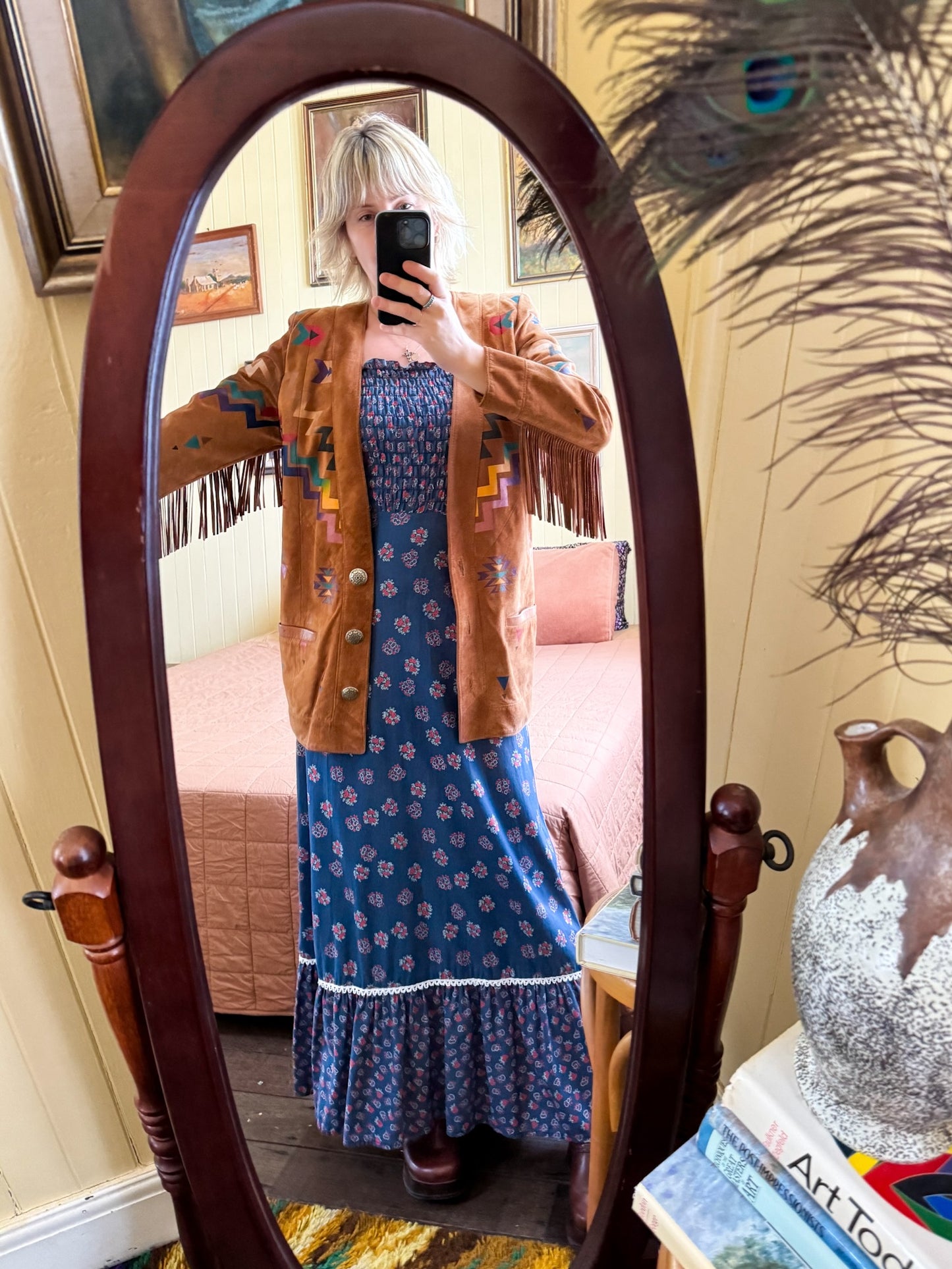 VINTAGE 1980S PANACHE SUEDE FRINGED PAINTED WESTERN JACKET S/M