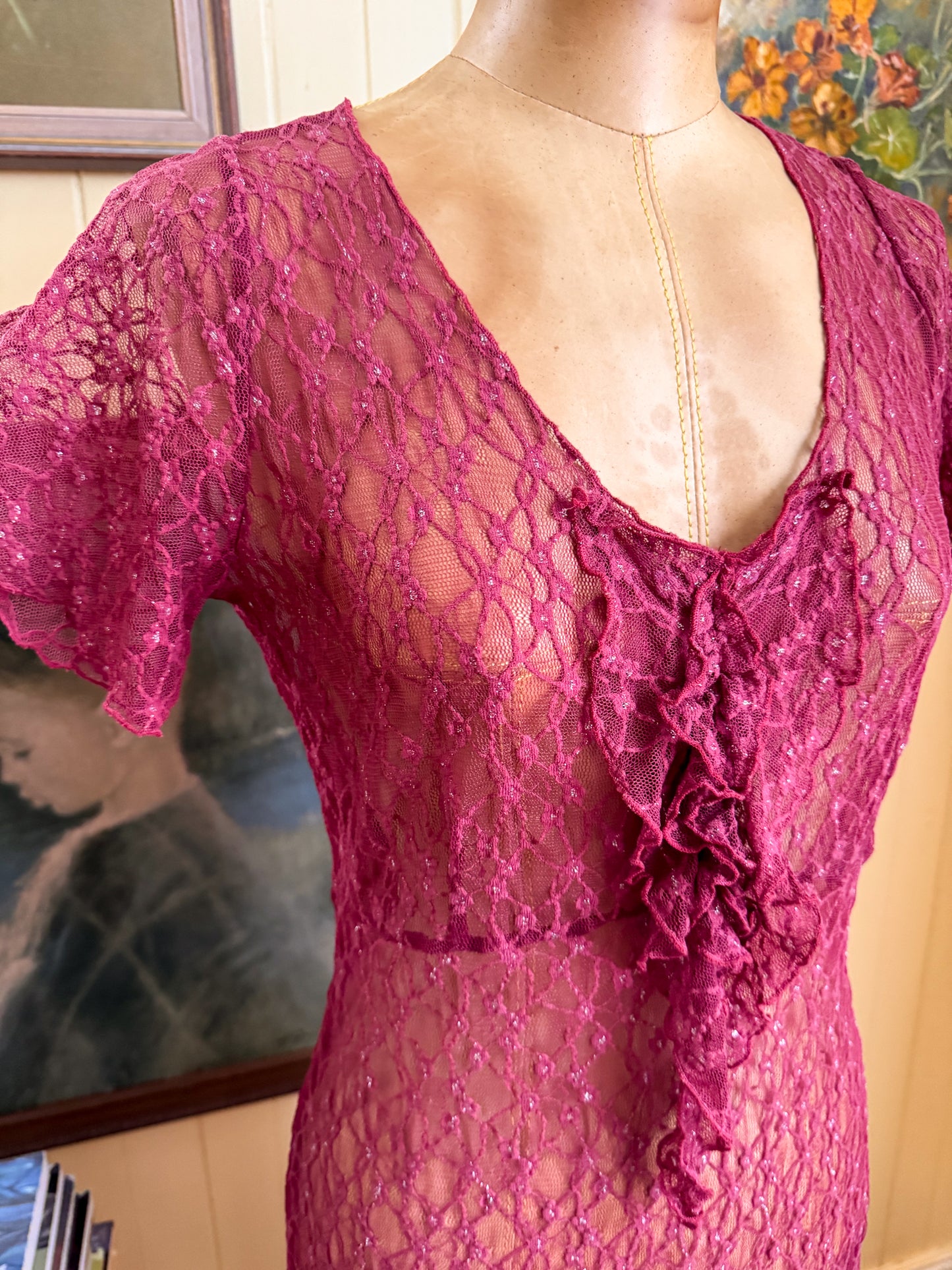 VINTAGE 1990S SARAH-JANE SHEER LACE RUFFLE STRETCH MIDI DRESS S/M