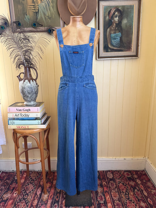 VINTAGE 1970S RARE LANDLUBBER COTTON DENIM WIDE LEG DUNGAREES OVERALLS S/M