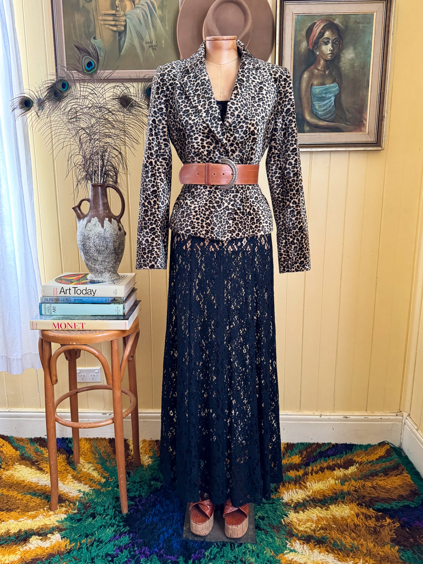 VINTAGE 1990S VERY VERY LEOPARD PRINT VELVET CROPPED BLAZER JACKET S