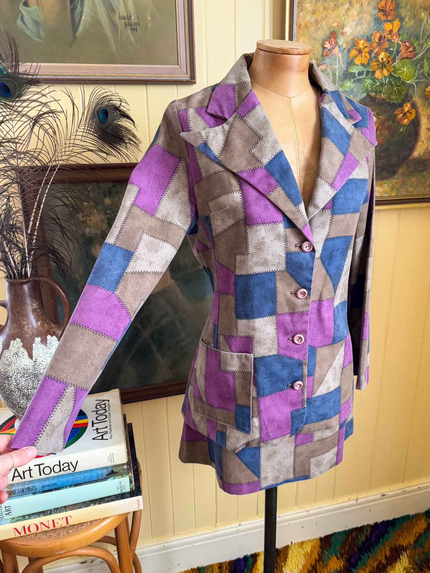 VINTAGE 1970S ACTION PATCHWORK PRINT BLAZER AND MINI SKIRT SET S