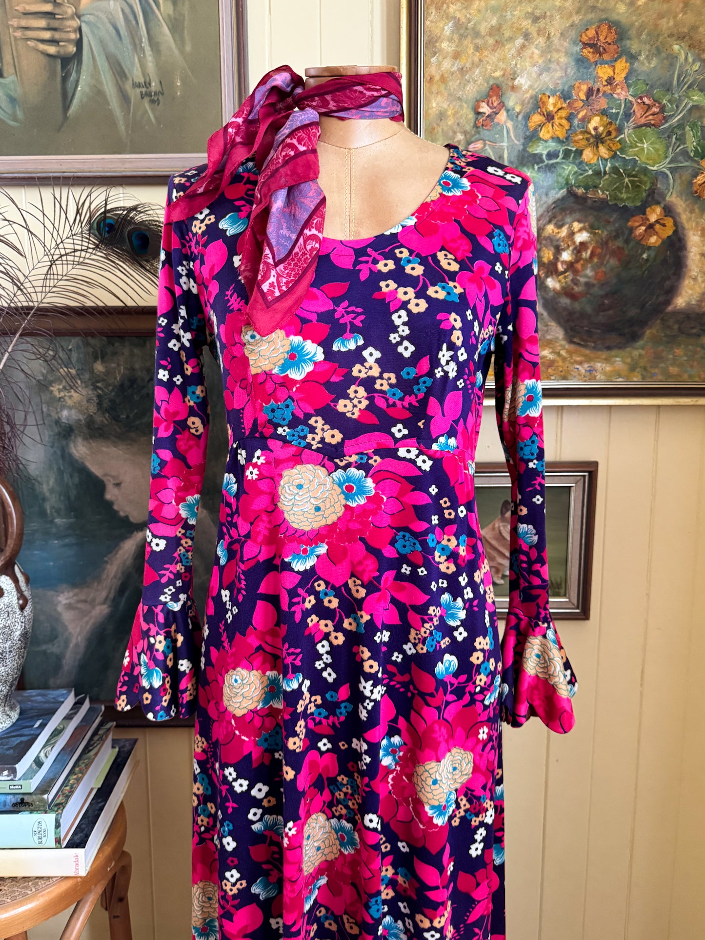 VINTAGE 1970S AMERICAN ACRYLIC FLORAL MAXI PRAIRIE DRESS S/M