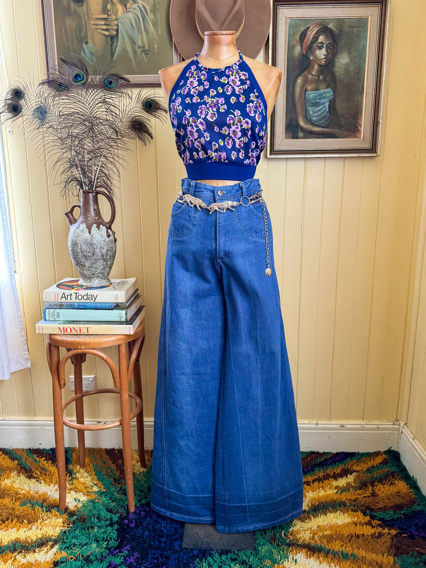 VINTAGE 1970S FINLAW NYLON FLORAL PRINT HALTERNECK CROP TOP XS/S