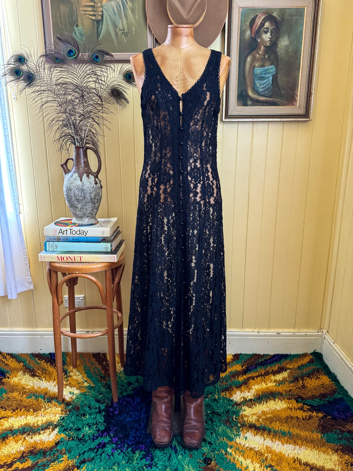 VINTAGE 1990S BLACK LACE SLEEVELESS MAXI DUSTER DRESS XS/S