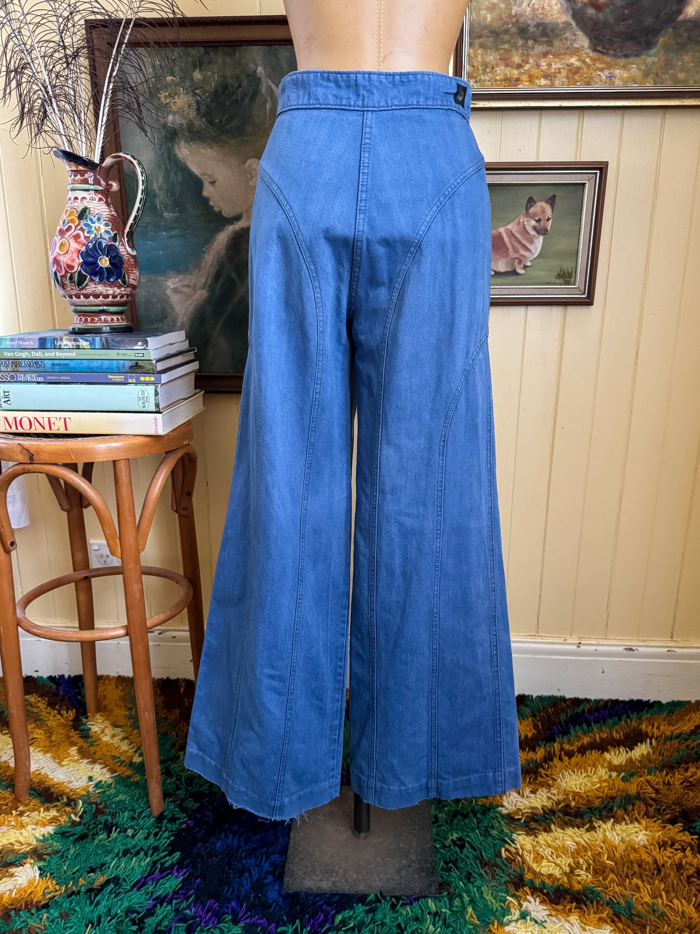 VINTAGE 1970S AMCO PEACHES HIGH WAIST PANELLED FLARE DENIM JEANS XS/S
