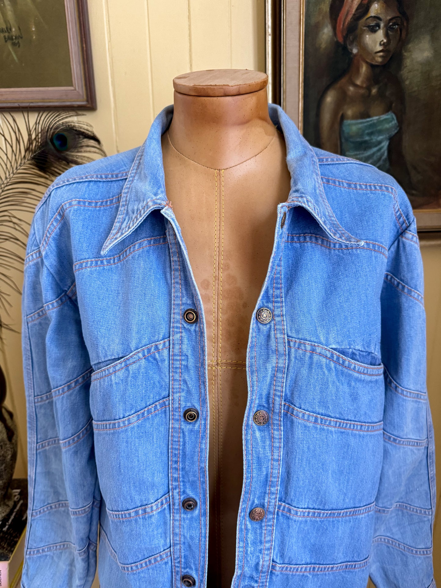 VINTAGE 1970S FADED GLORY COTTON DENIM CHEVRON SHIRT JACKET S/M