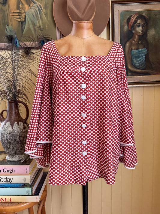 VINTAGE 1970S ACRYLIC POLKA DOT ANGEL SLEEVE BUTTON THROUGH BLOUSE L/XL
