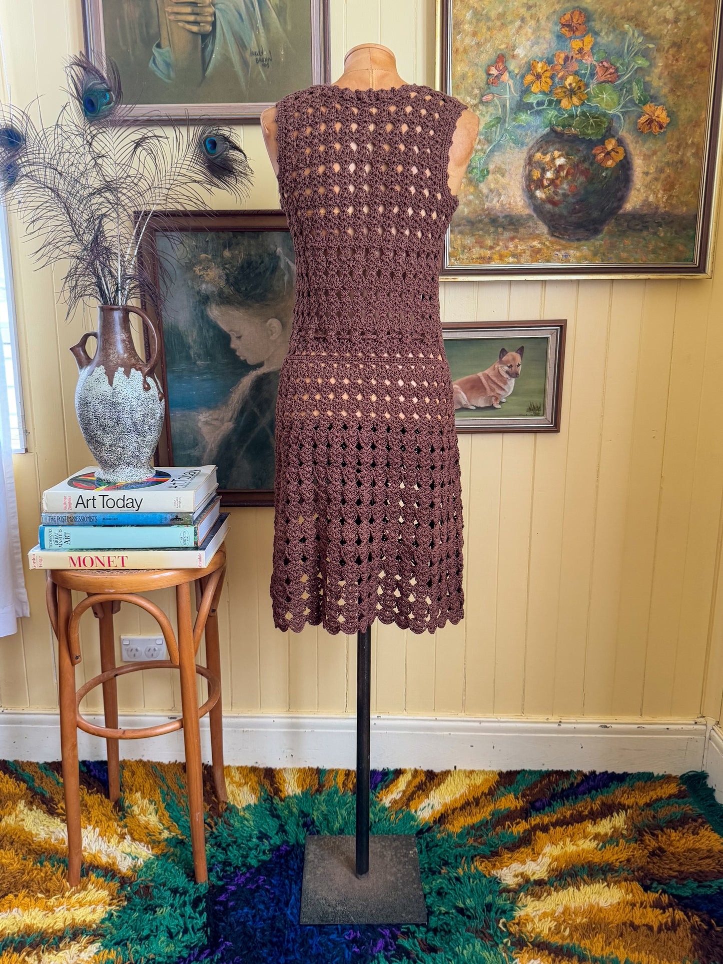 VINTAGE 1970S HANDMADE COCOA COTTON CROCHET BUTTON THROUGH MIDI DRESS S/M