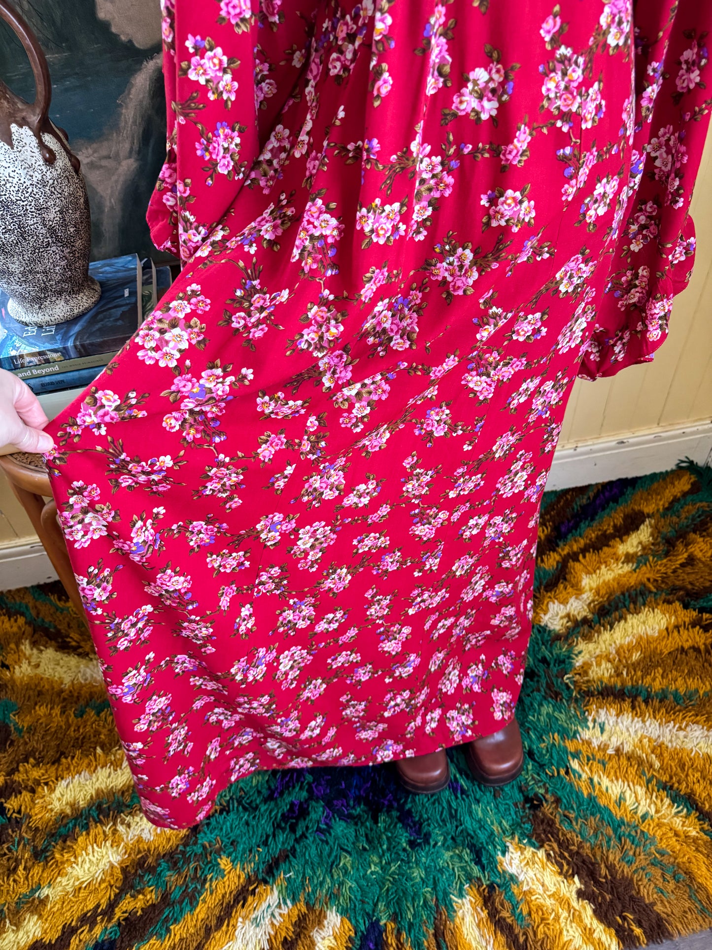 VINTAGE 1970S ARC COTTON ANGEL SLEEVE FLORAL PRINT MAXI DRESS S/M