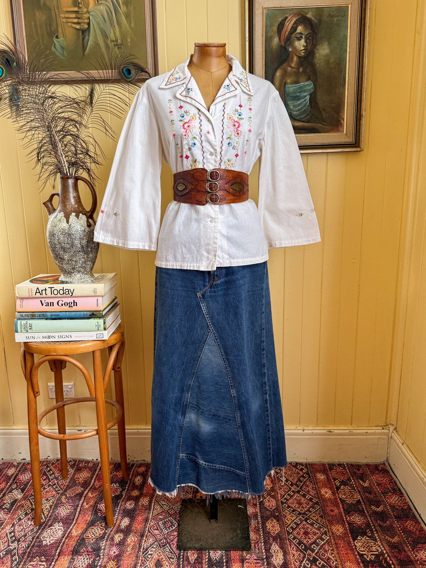 VINTAGE REWORKED LEVI’S COTTON DENIM PANELLED MIDI SKIRT S/M