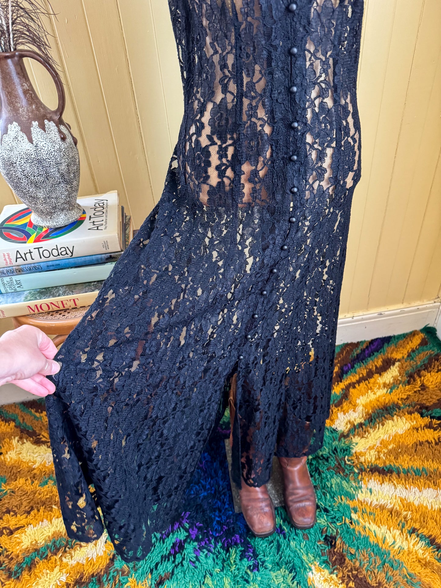 VINTAGE 1990S BLACK LACE SLEEVELESS MAXI DUSTER DRESS XS/S
