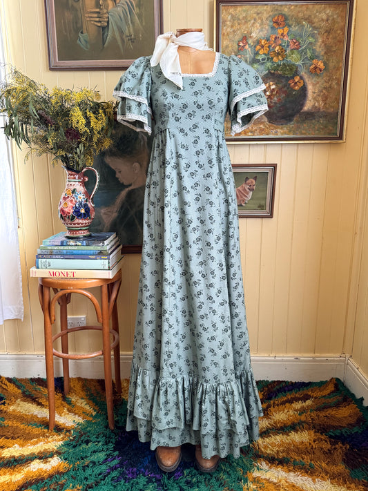 VINTAGE 1970S RARE AUSTRALIAN LAURA ASHLEY COTTON PRAIRIE MAXI DRESS XXS/XS