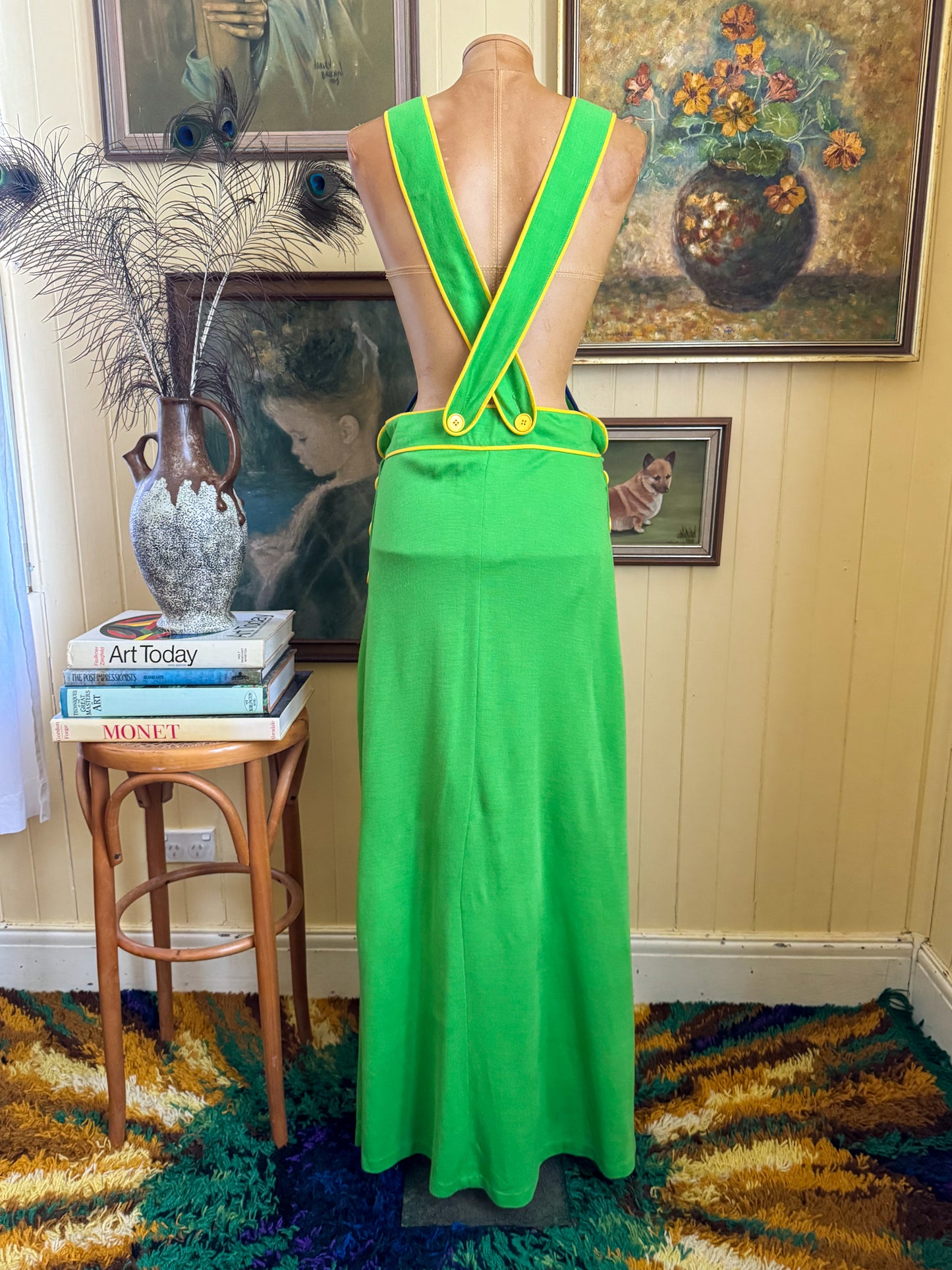 VINTAGE 1970S DARLING OF MELBOURNE ACRYLIC LIME GREEN PINAFORE MAXI DRESS S