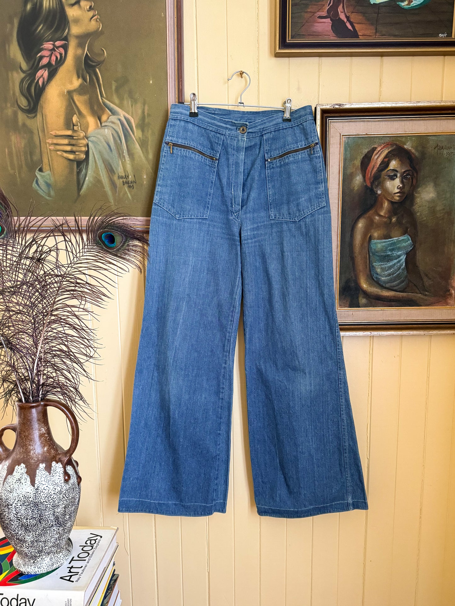 VINTAGE 1970S SCRUBB HIGH WAIST WIDE LEG FLARED DENIM JEANS S/M