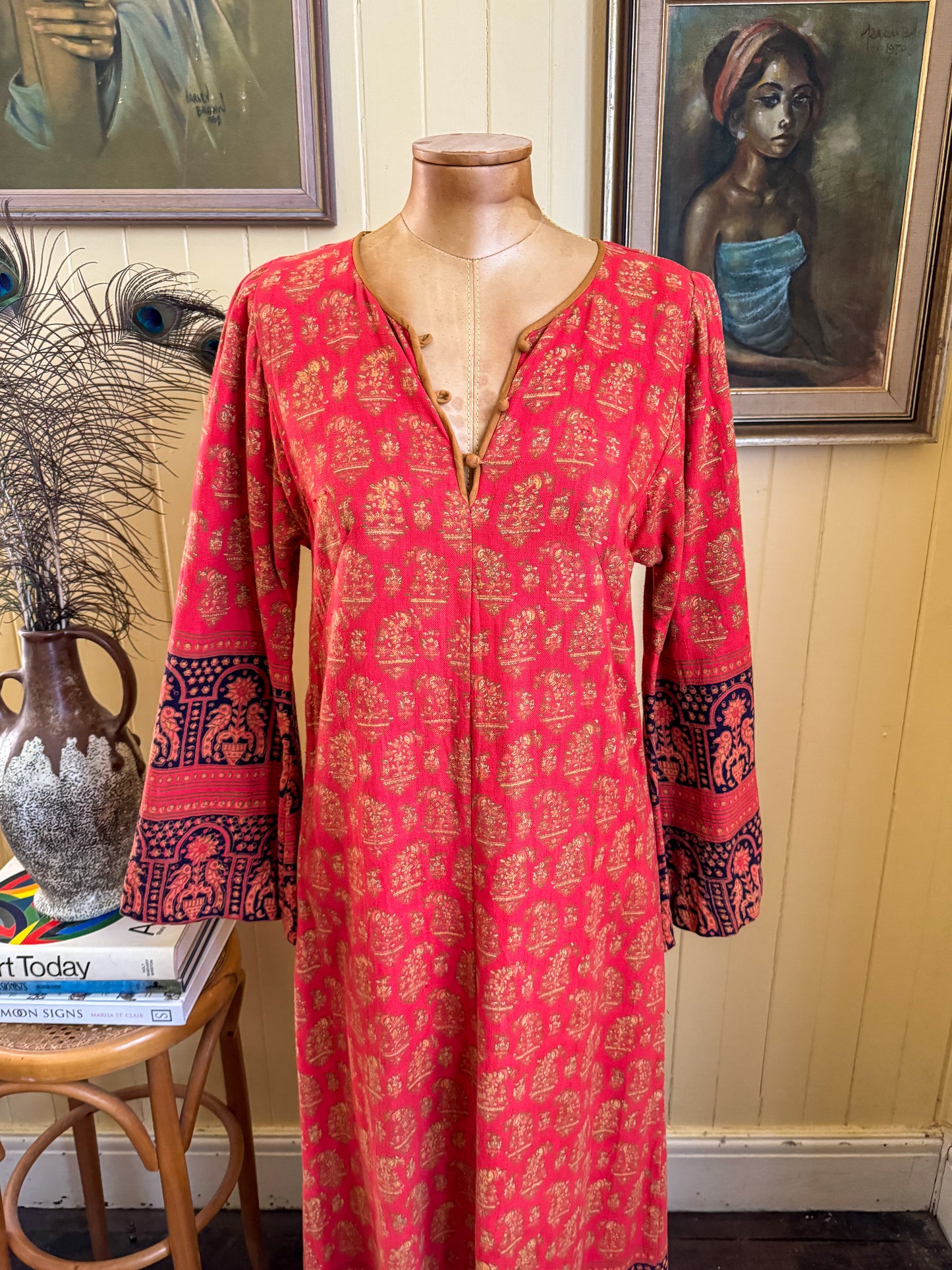 VINTAGE 1970S ANOKHI INDIAN COTTON BLOCK PRINTED MAXI KAFTAN S/M