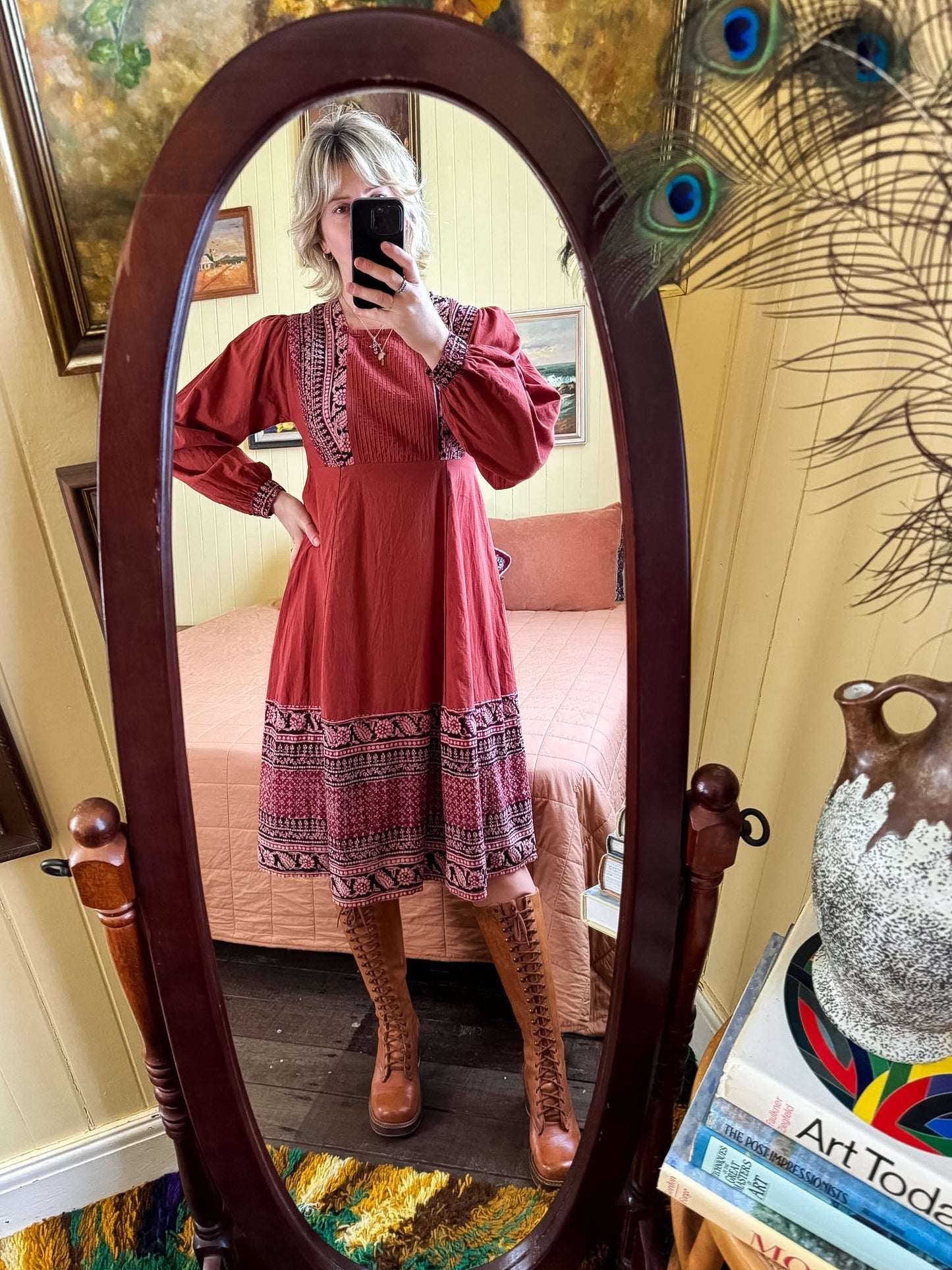 VINTAGE 1970S IMPORTIQUE INDIAN COTTON BLOCK PRINT MIDI SMOCK DRESS M