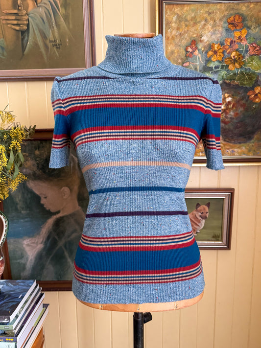 VINTAGE 1970S ITALIAN DAVID JONES WOOL BLEND KNIT ROLL NECK STRIPED SWEATER S/M