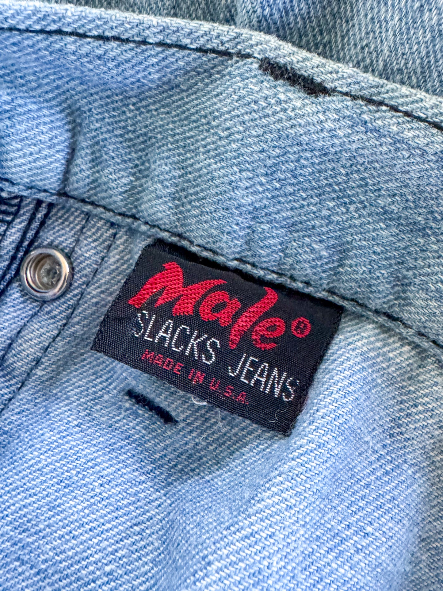 VINTAGE 1970S AMERICAN LOW RISE ZIP THROUGH STUDDED CROPPED DENIM JEANS S