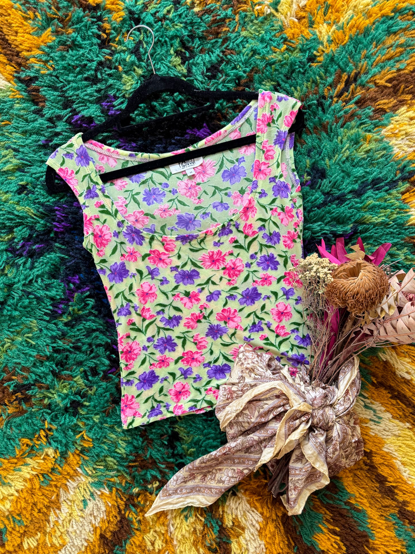 VINTAGE 1990S AUSTRALIAN PIERUCCI FLORAL VELVET BURNOUT TANK TOP S