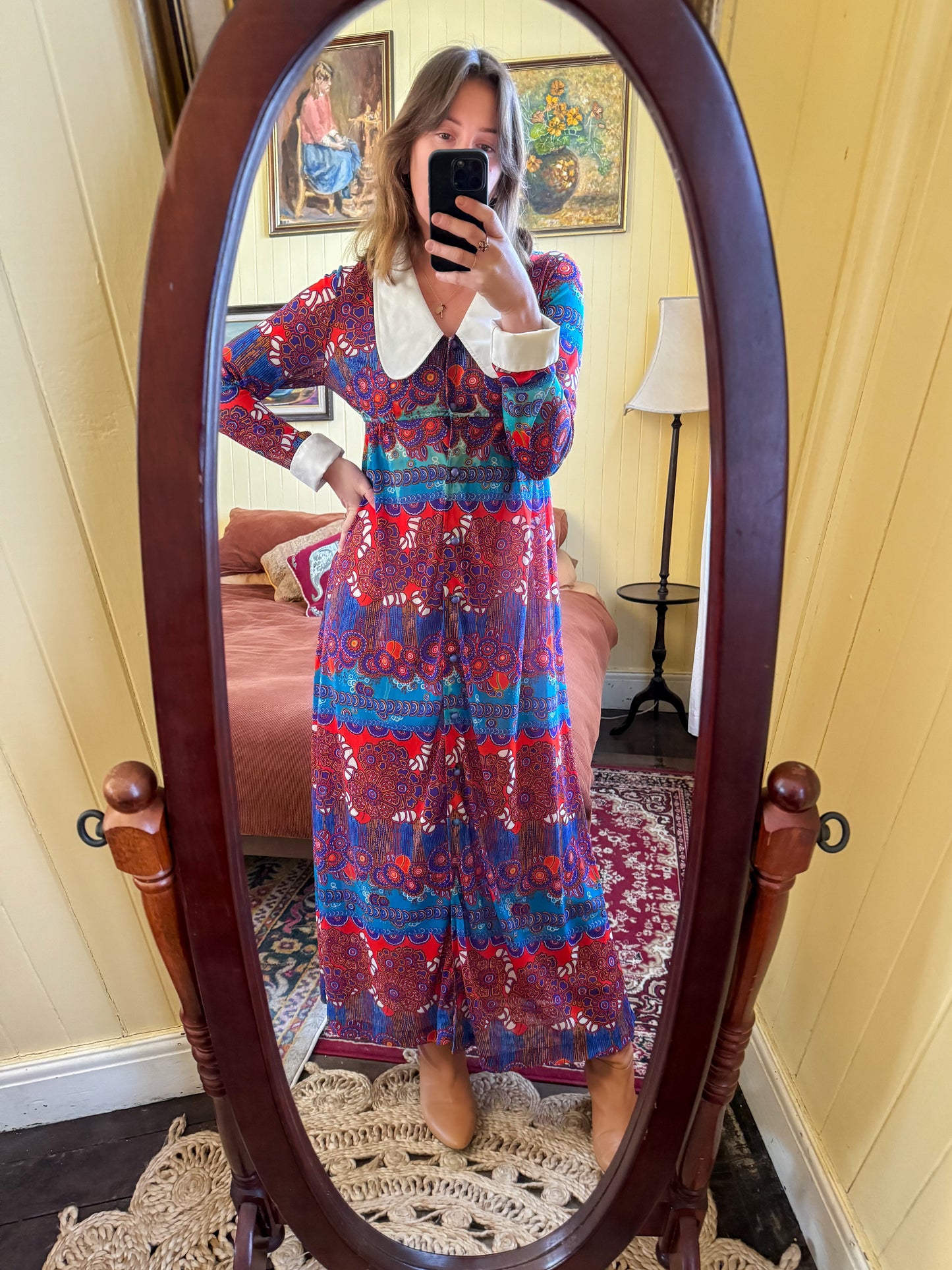 VINTAGE 1970S BINDI OF MELBOURNE PSYCHEDELIC COLLARED MAXI DRESS M