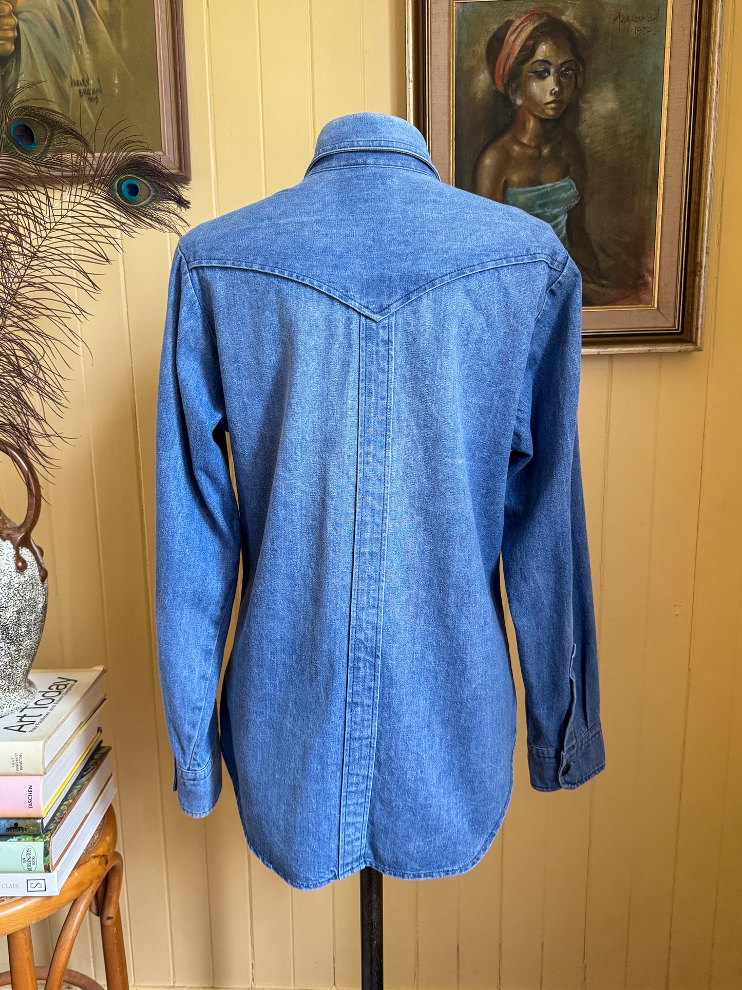 VINTAGE 1970S AMCO COTTON DENIM PATCH POCKET SHIRT JACKET S/M