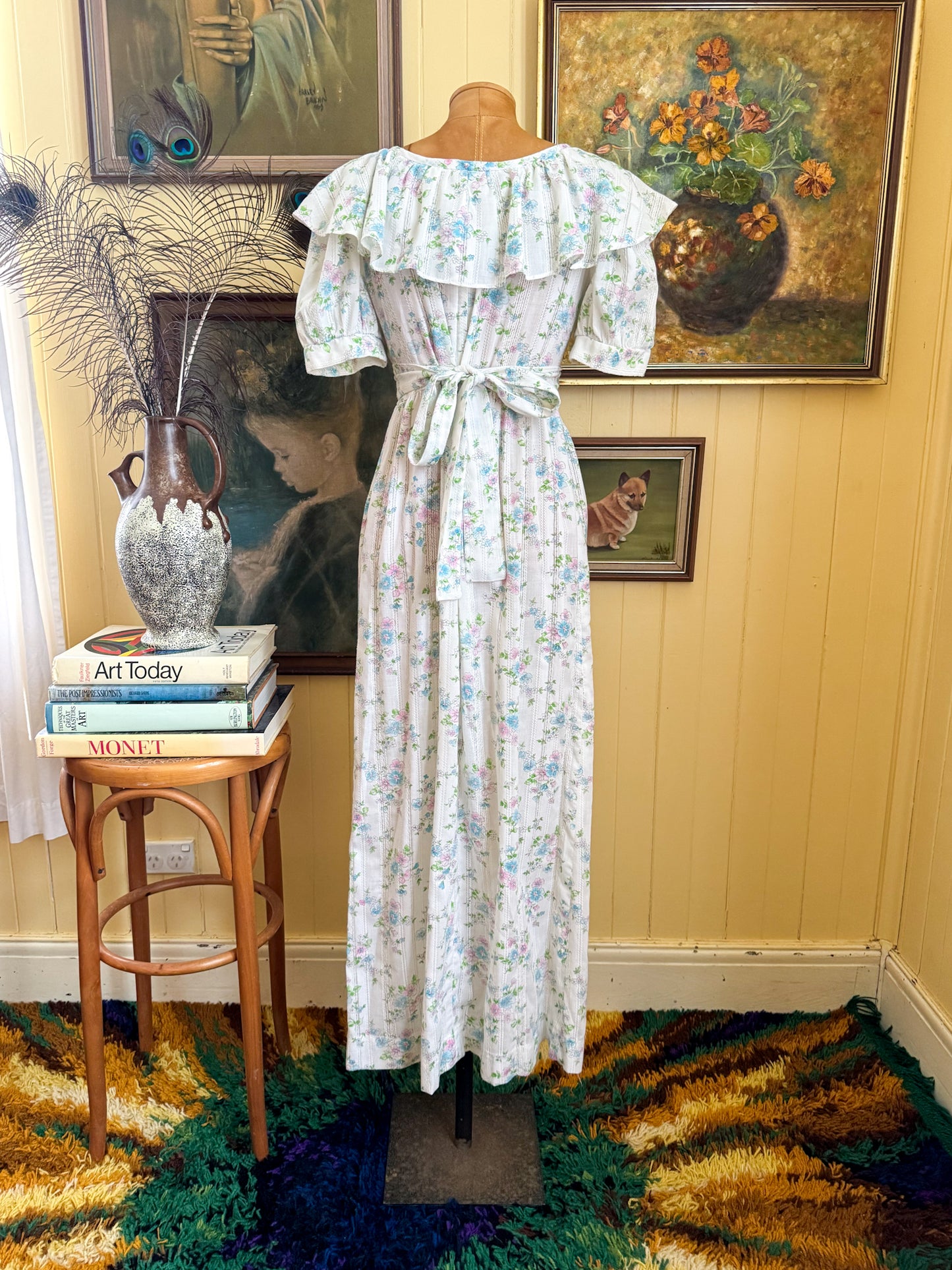 VINTAGE 1970S YOUNG EDWARDIAN COTTON BLEND FLORAL RUFFLE PRAIRIE DRESS S