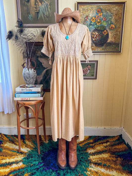 HANDMADE MEXICAN COTTON EMBROIDERED MIDI PEASANT DRESS M