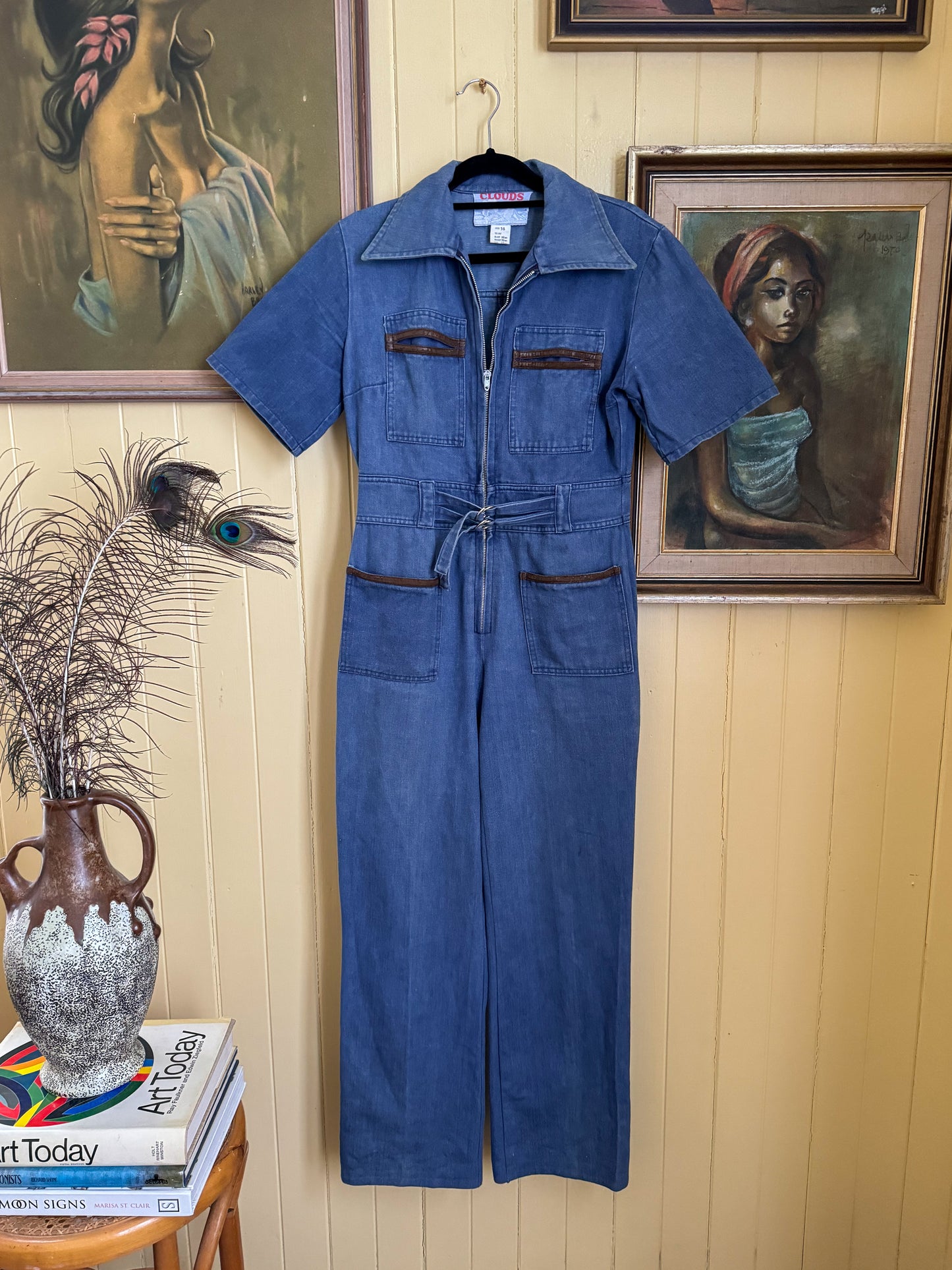 VINTAGE 1970S CLOUDS COTTON DENIM WIDE LEG JUMPSUIT XS/S