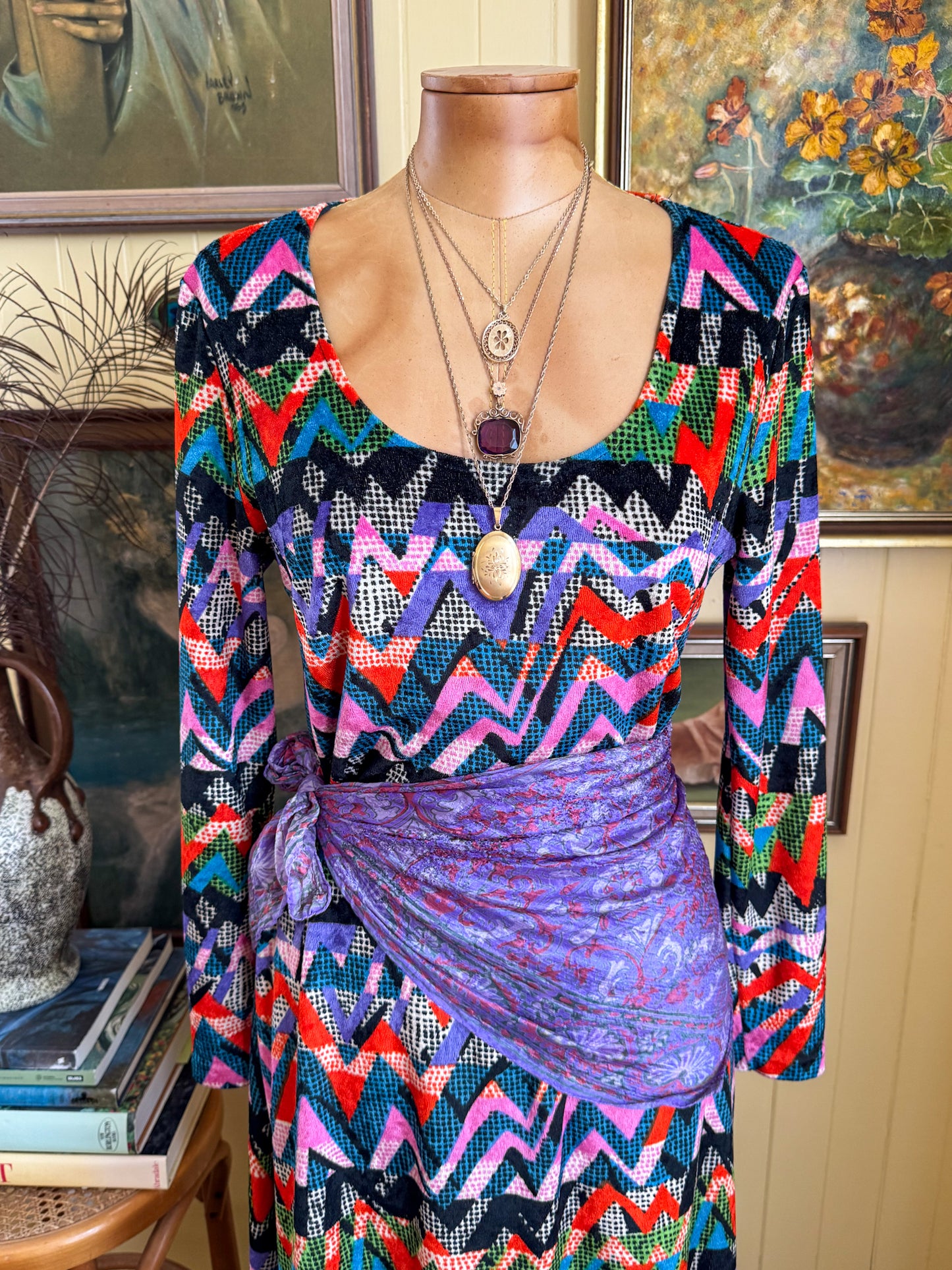 VINTAGE 1990S MAGLIA VELVET RAINBOW CHEVRON MAXI DRESS M/L