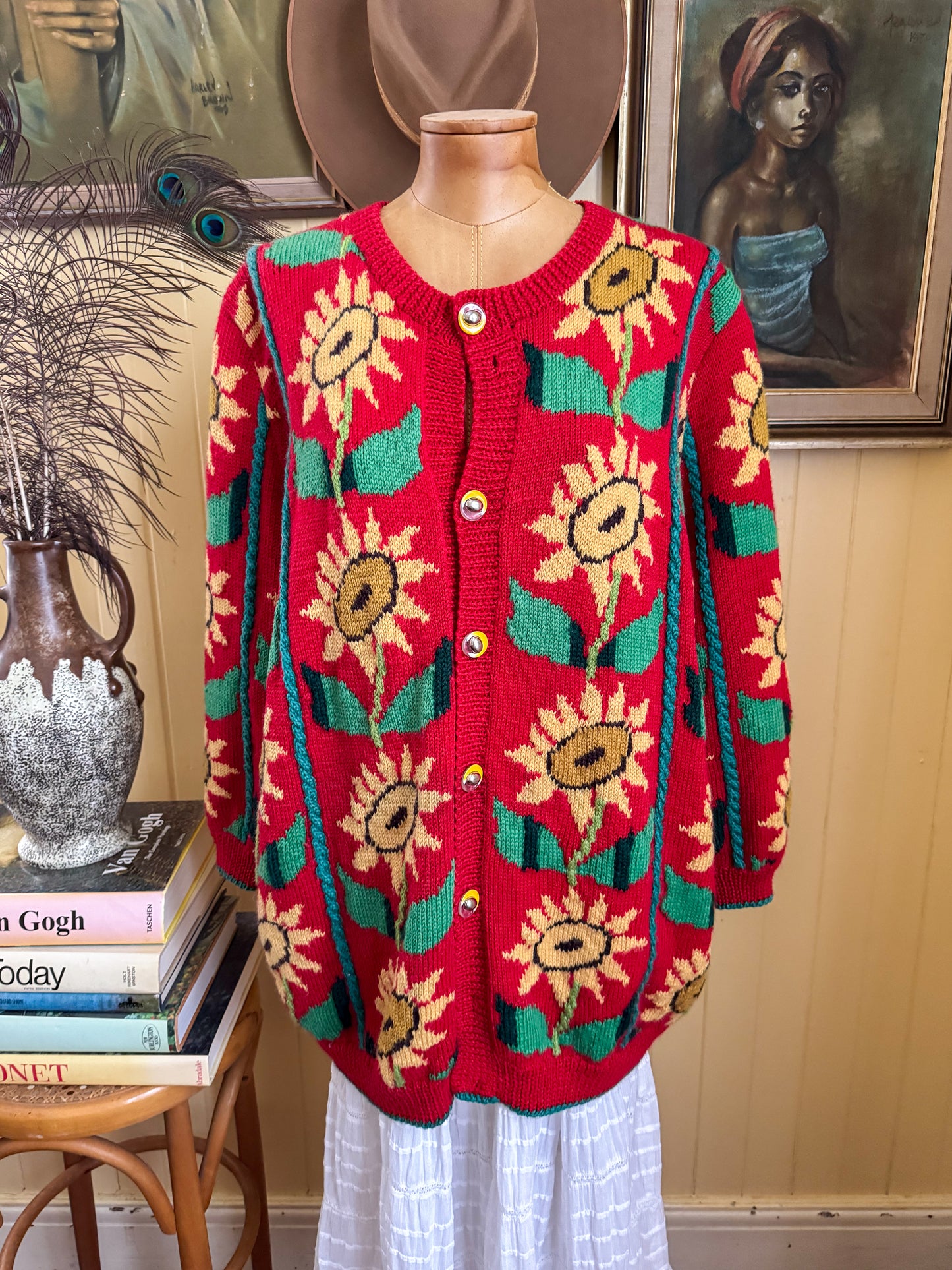 VINTAGE HAND KNITTED ACRYLIC SUNFLOWER MOTIF OVERSIZED CARDIGAN L/XL