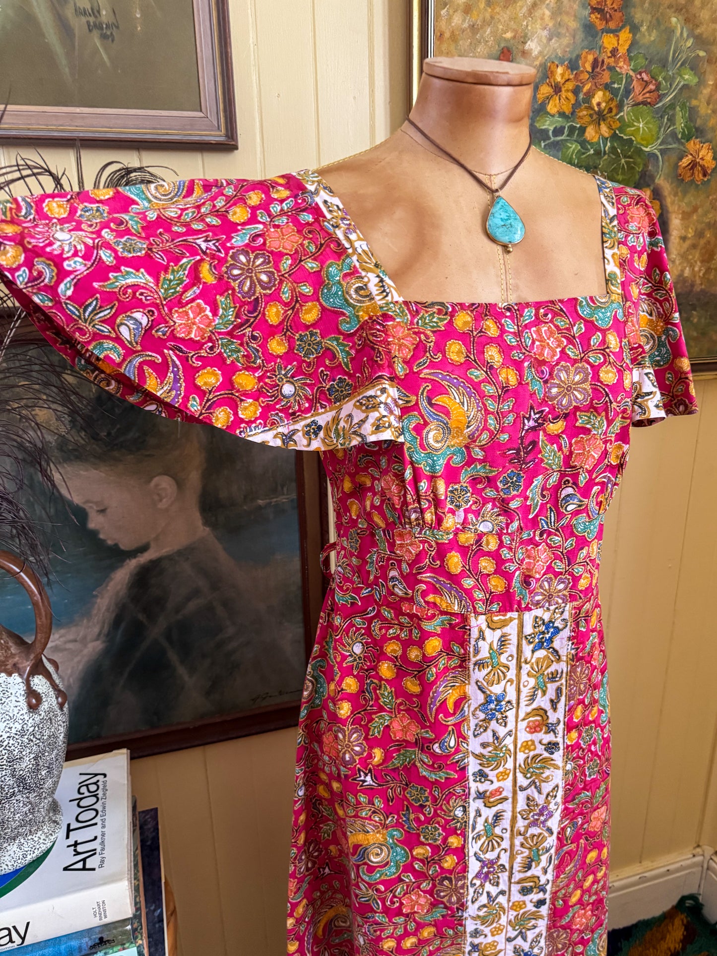 VINTAGE 1970S JAPANESE COTTON BATIK PRINT MAXI PEASANT DRESS S/M