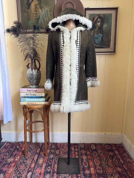 1970S PENNY LANE KHAKI SUEDE LEATHER HOODED SHEARLING LONG COAT S