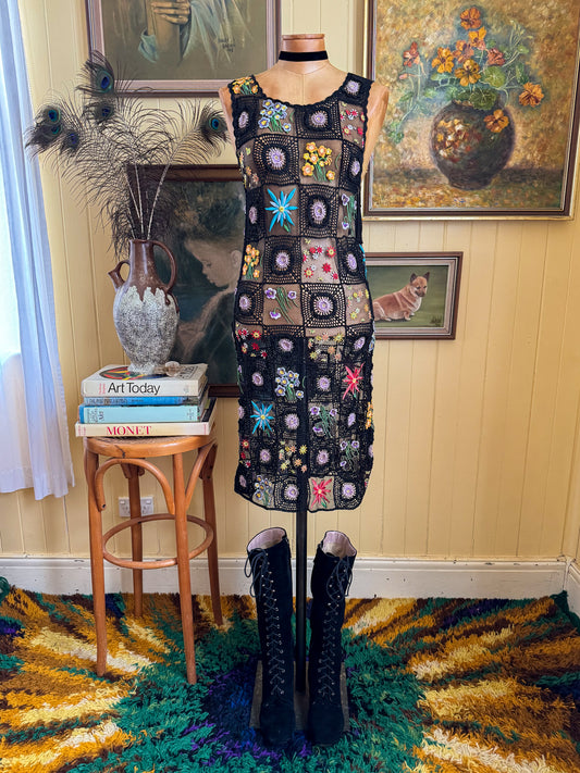 VINTAGE 1990S MOSCHINO CHEAP AND CHIC EMBROIDERED CROCHET MESH MIDI DRESS XS