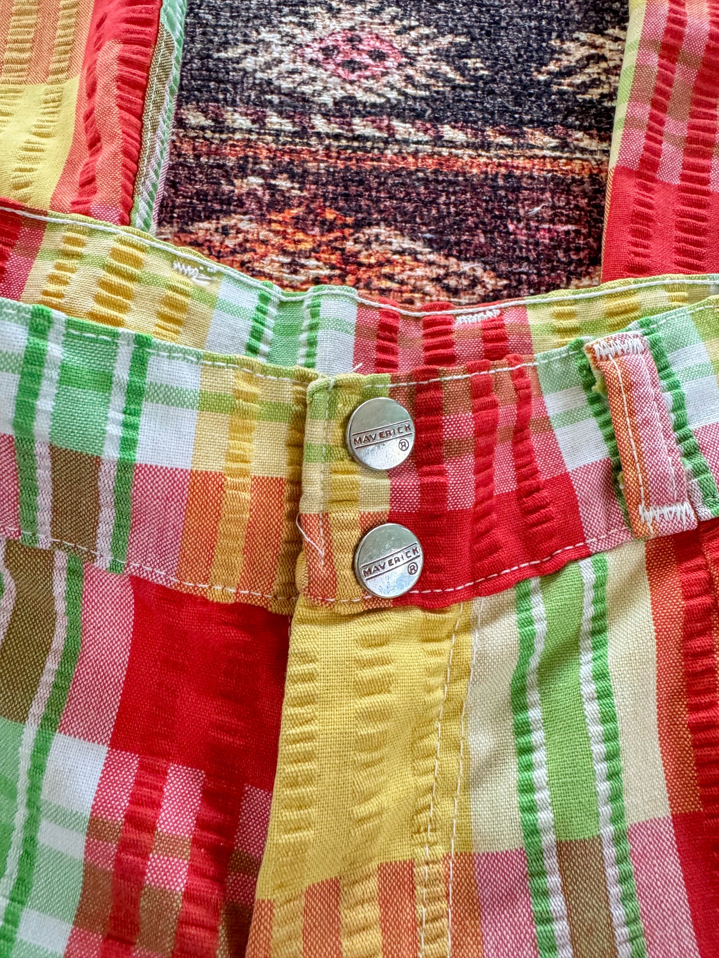 VINTAGE 1970S AMERICAN MAVERICK COTTON SEERSUCKER RAINBOW PLAID WIDE LEG FLARES XS