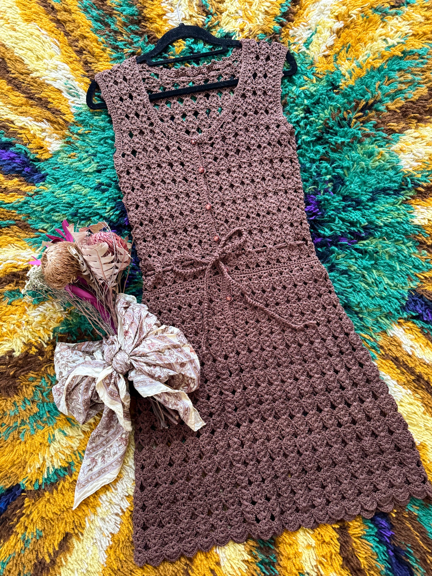 VINTAGE 1970S HANDMADE COCOA COTTON CROCHET BUTTON THROUGH MIDI DRESS S/M