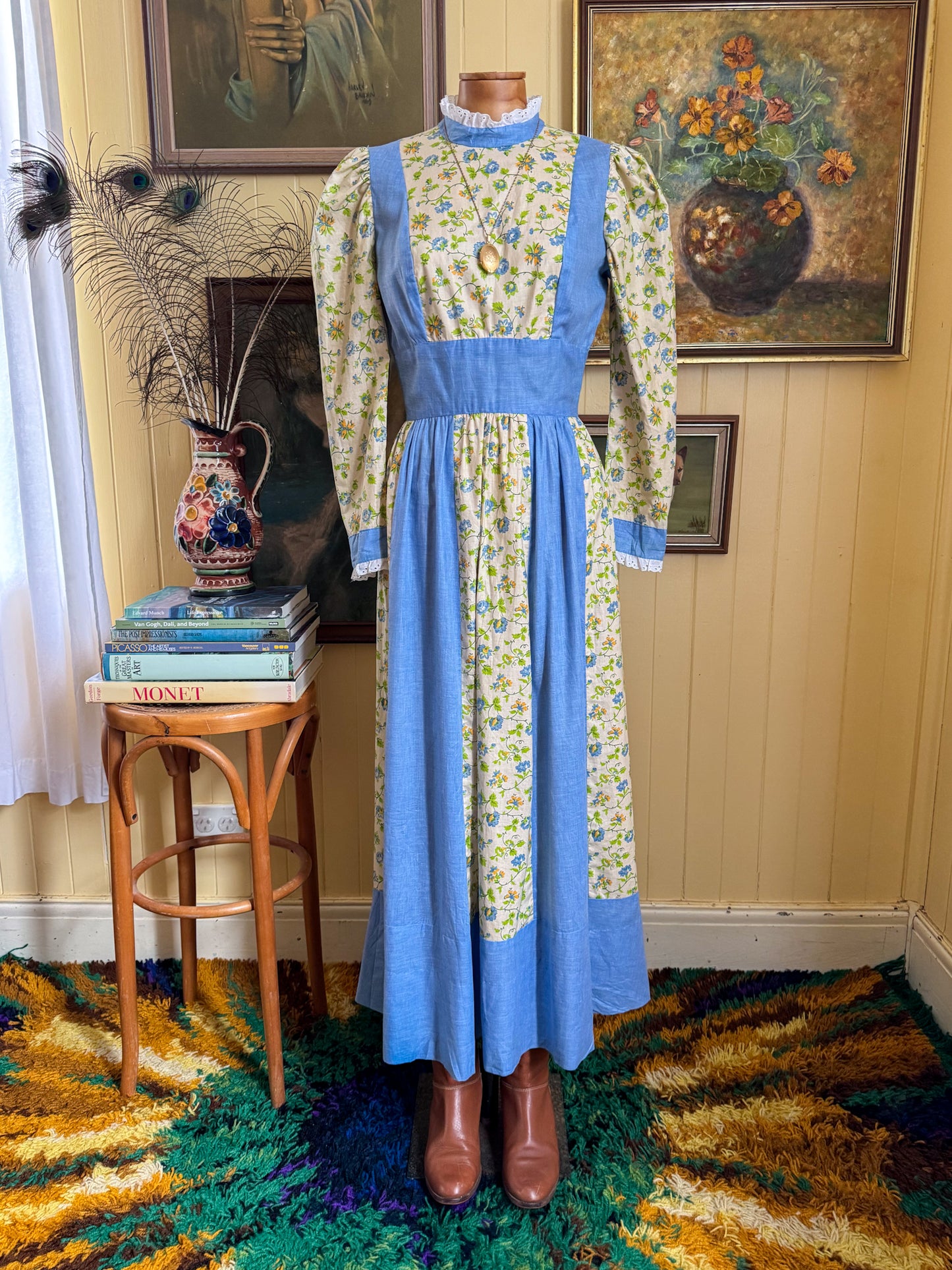 VINTAGE 1970S HANDMADE COTTONl VICTORIANA MAXI PRAIRIE DRESS XS