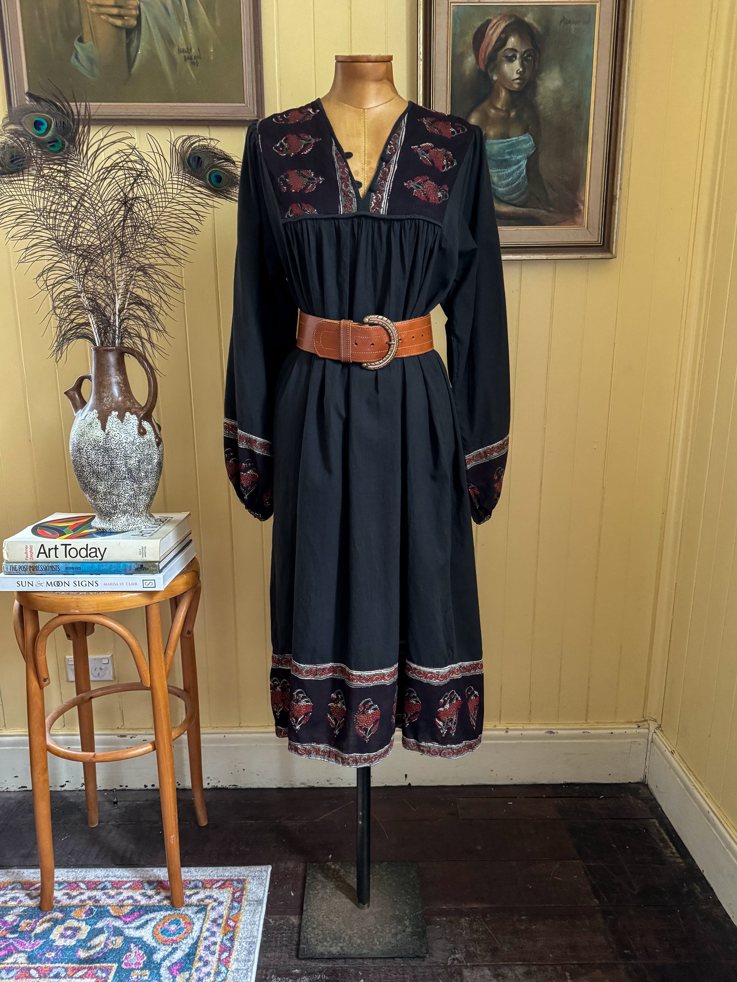 VINTAGE 1970S MEHER INDIAN COTTON BLOCK PRINT MIDI SMOCK DRESS M