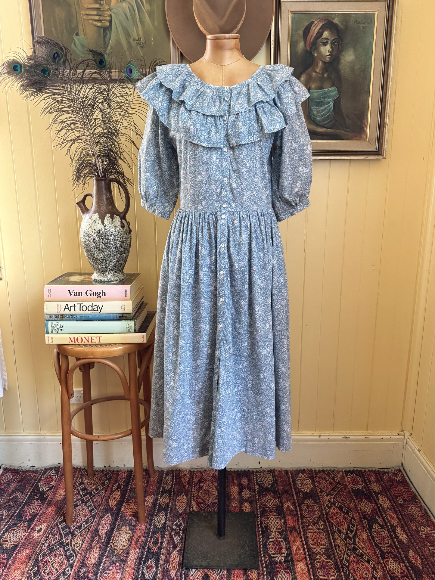 VINTAGE 1980S LAURA ASHLEY CARNO WALES COTTON FLORAL RUFFLE PRAIRIE DRESS M