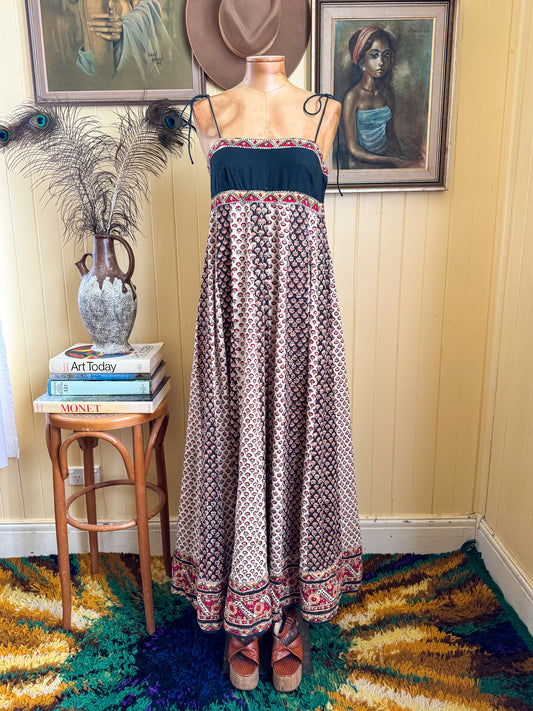 VINTAGE 1970S ANOKHI FOR MYRIAD INDIAN COTTON BLOCK PRINT STRAPPY MAXI DRESS XS