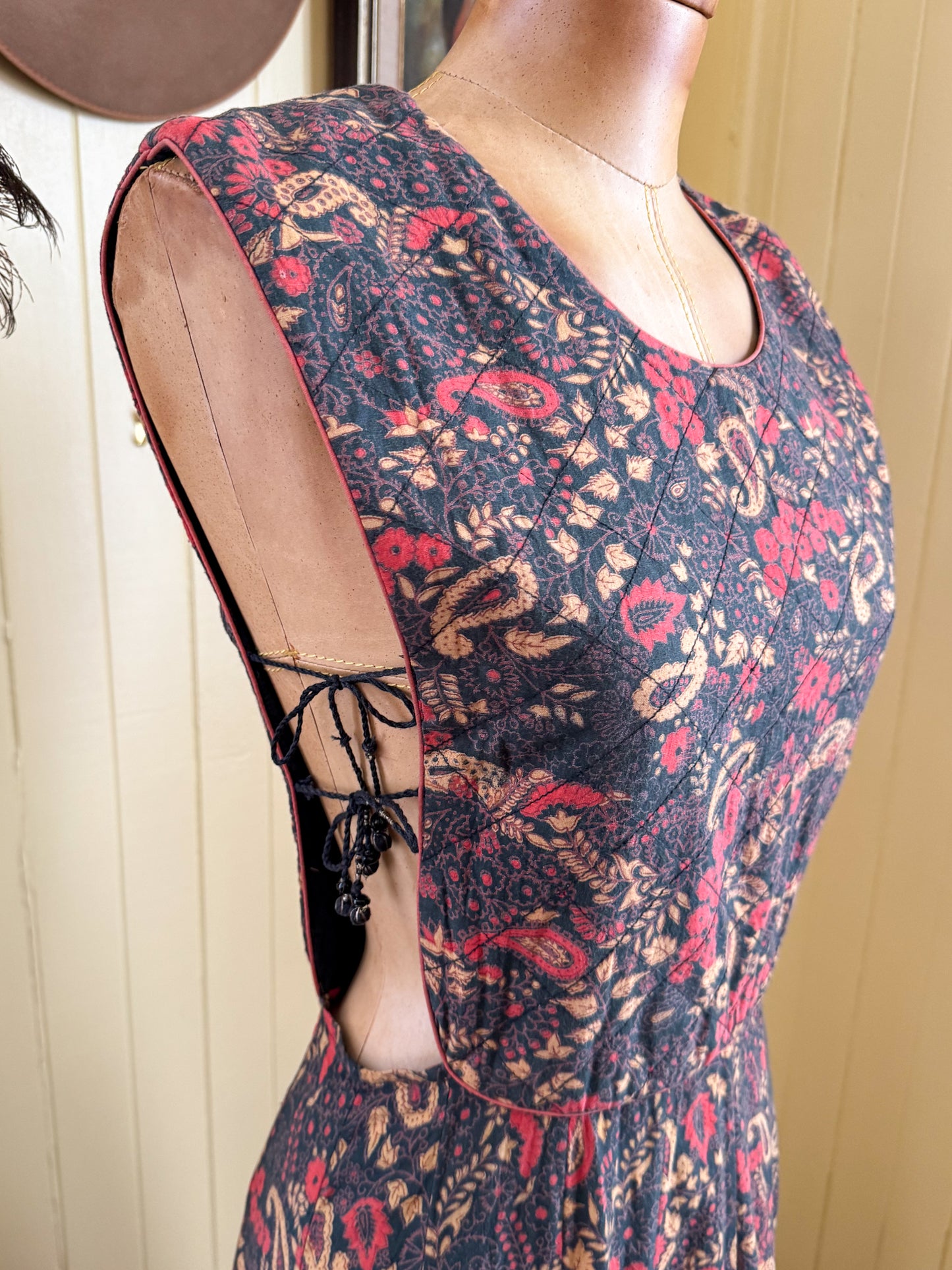 VINTAGE 1970S ORIENTIQUE INDIAN COTTON BLOCK PRINTED PINAFORE MIDI DRESS S
