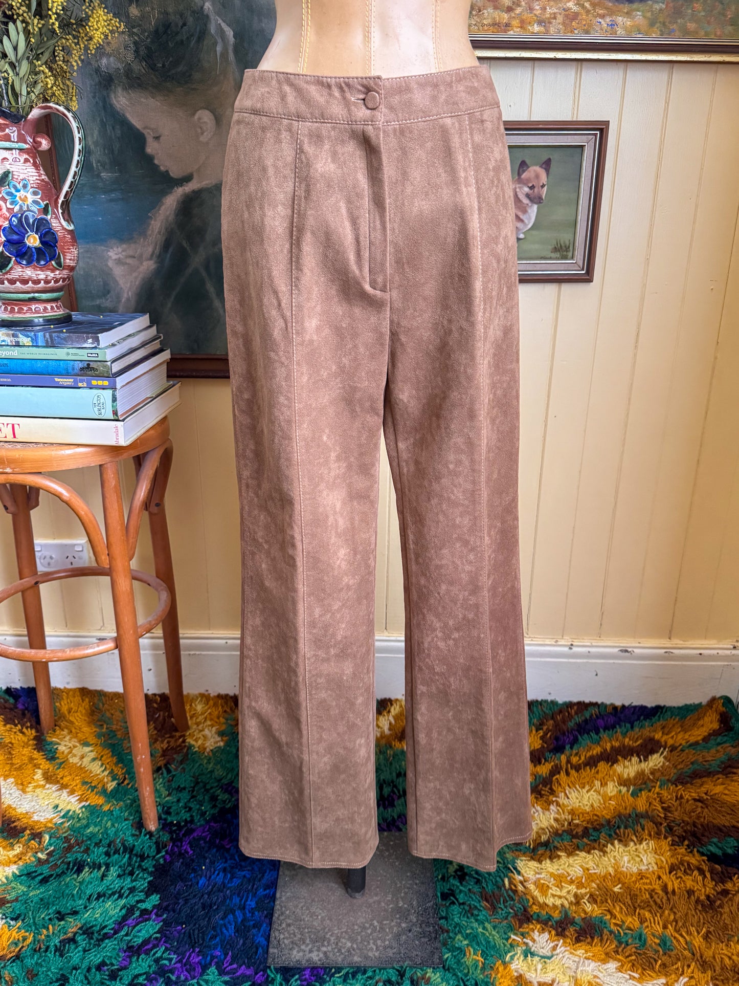 VINTAGE 1970S TULLO FAUX SUEDE HIGH WAISTED FLARED PANTS S