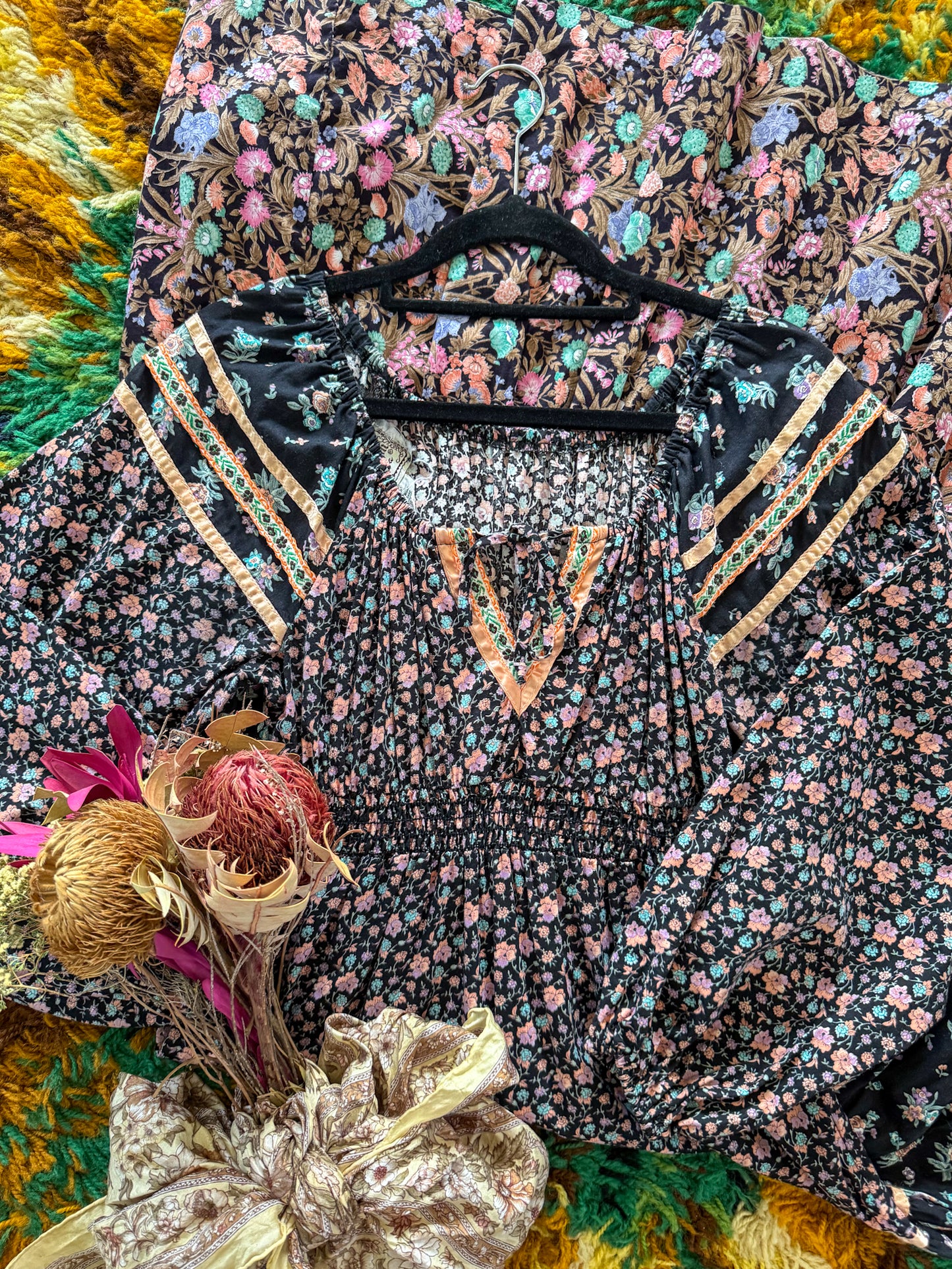 VINTAGE 1970S YOUNG EDWARDIAN COTTON FLORAL MIDI PEASANT DRESS S/M