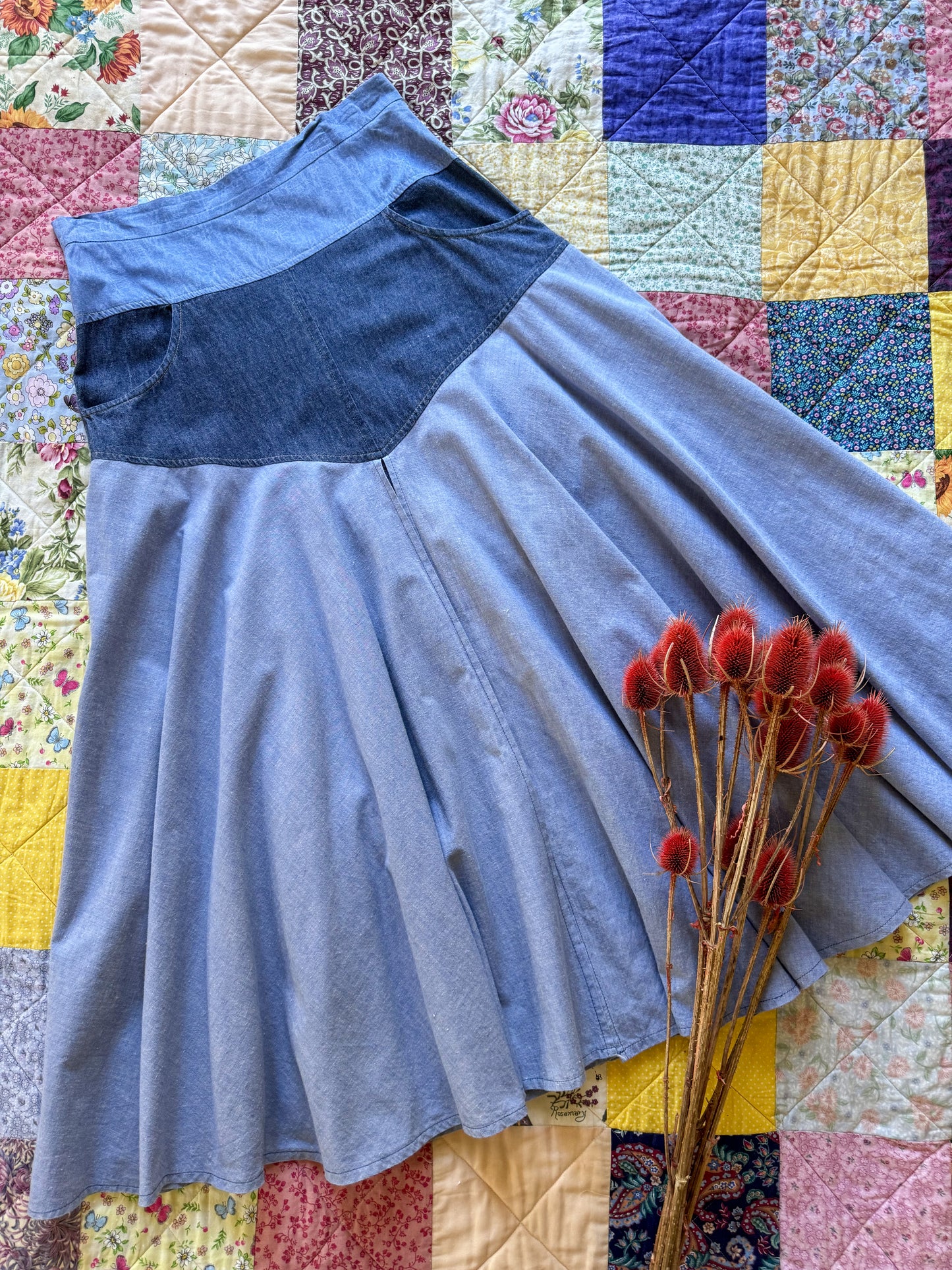 VINTAGE 1970S SALLY BROWNE DENIM + LACE MIDI SKIRT XS/S