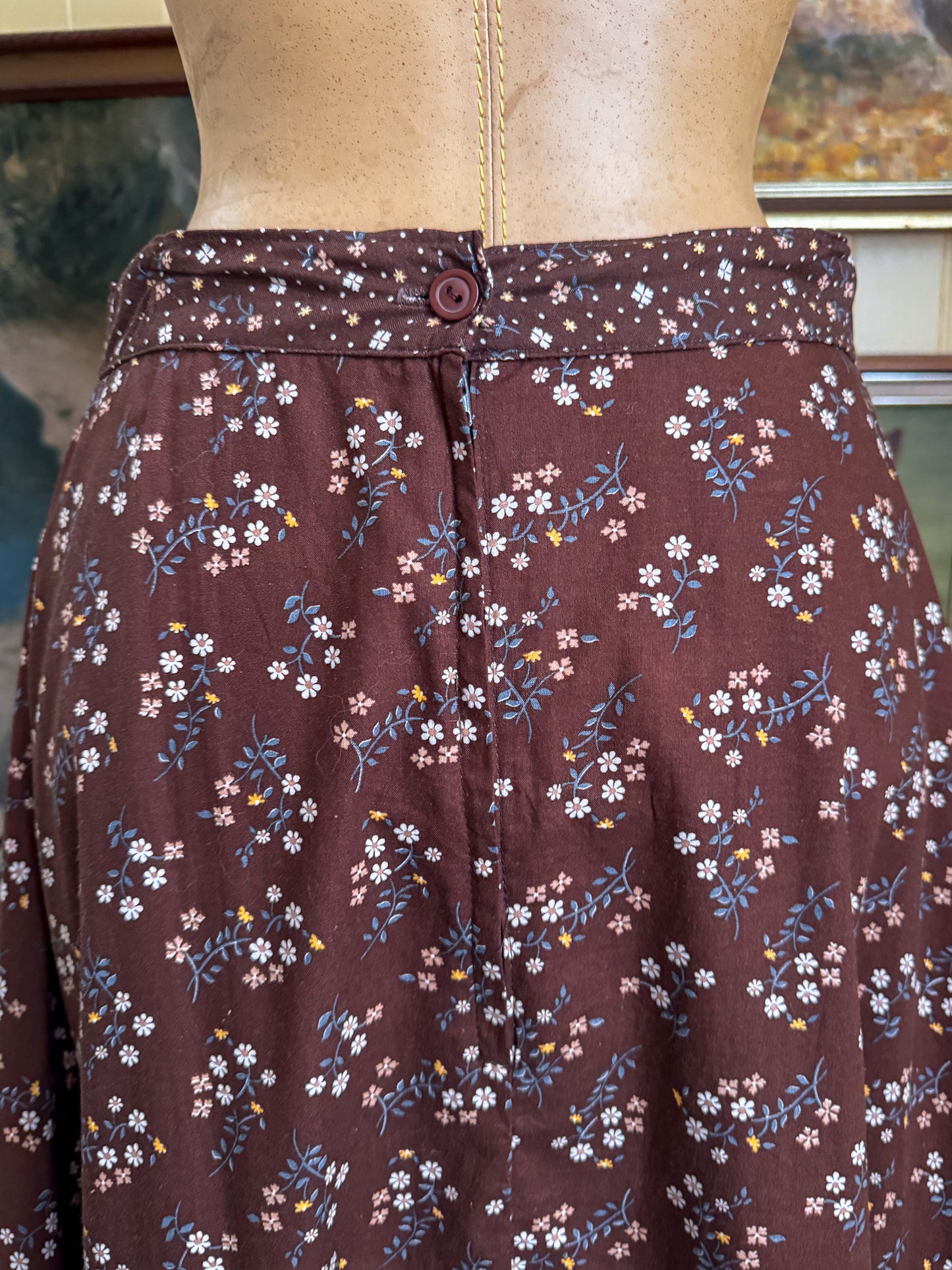 VINTAGE 1970S JESSICA’S GUNNIES GUNNE SAX FLORAL PRINT COTTON, VELVET + LACE MAXI SKIRT S/M