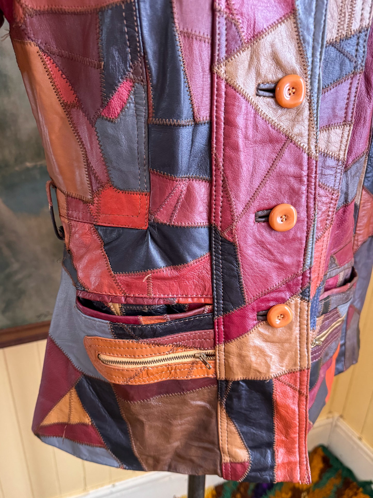 VINTAGE 1970S KOREAN PATCHWORK LEATHER BLAZER JACKET S/M