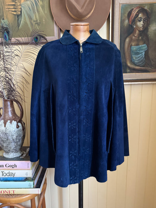 VINTAGE 1970S MEXICAN NAVY SUEDE LEATHER CUT OUT ZIP THROUGH PONCHO S/M/L
